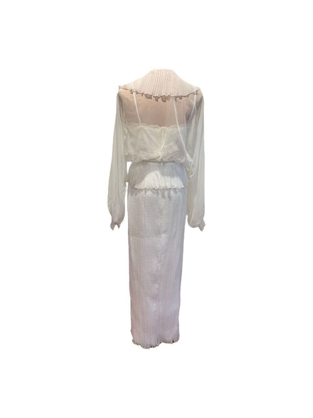 60s 2PC MAXI ETHEREAL WHITE DRESS W LACE BODICE MICRO PLEAT SKIRT & JACKET - Picture 6 of 17